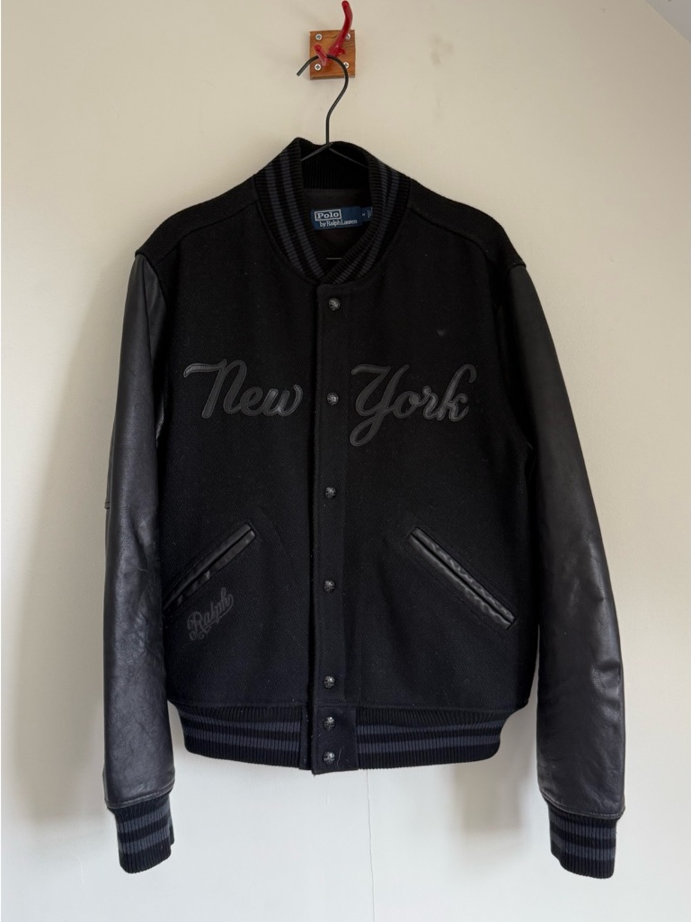 Vintage Polo by Ralph Lauren Black New York Varsity Jacket with Leather Sleeves